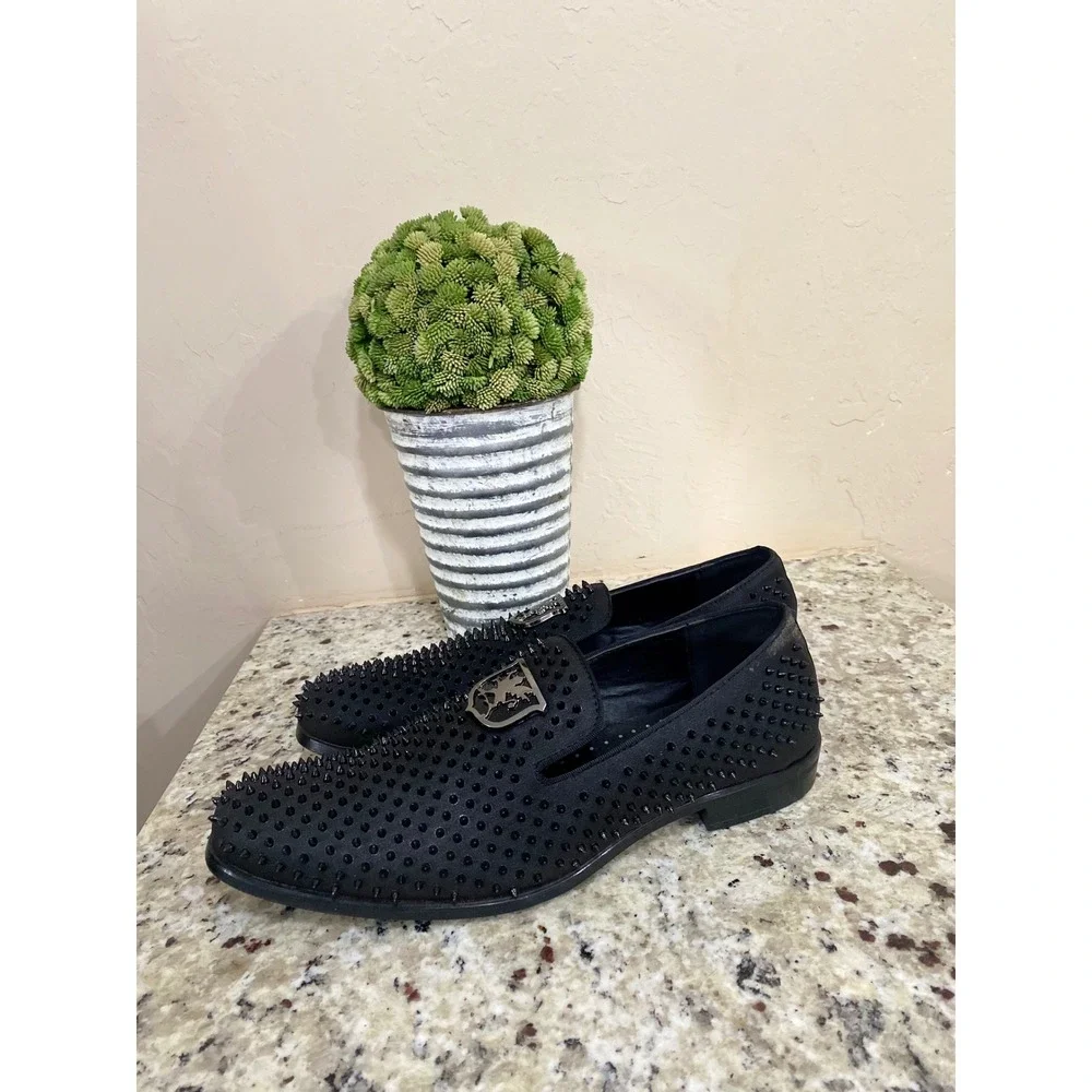 Stacy Adams Mens Black Studded Spiked Crest Shield Loafers Dress‎ Shoes